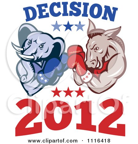 Clipart Democratic Donkey And Republican Elephant Boxing With Decision 2012 Text - Royalty Free Vector Illustration by patrimonio