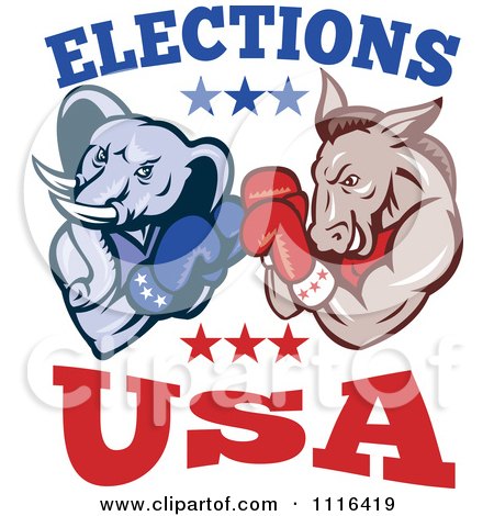 Clipart Democratic Donkey And Republican Elephant Boxing With Elections USA Text - Royalty Free Vector Illustration by patrimonio