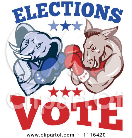 Clipart Democratic Donkey And Republican Elephant Boxing With Elections Vote Text - Royalty Free Vector Illustration by patrimonio