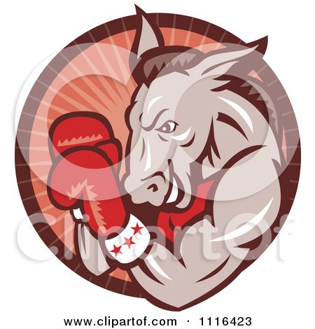 Clipart Retro Democratic Donkey Boxer In A Red Ray Circle - Royalty Free Vector Illustration by patrimonio