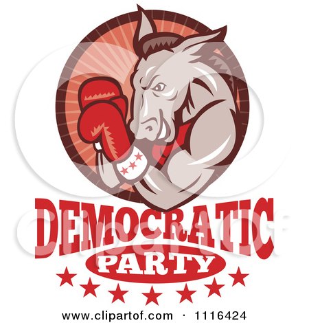 Clipart Retro Donkey Boxer In A Red Ray Circle With Democratic Party Text- Royalty Free Vector Illustration by patrimonio