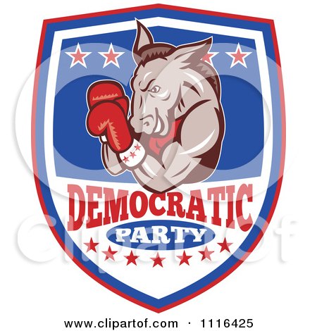 Clipart Retro Donkey Boxer On A Democratic Party Shield - Royalty Free Vector Illustration by patrimonio