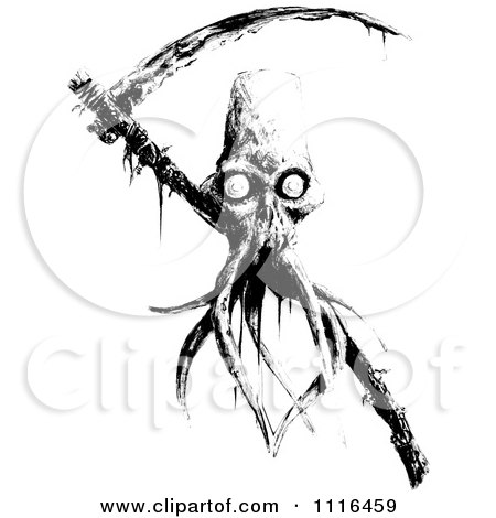 Clipart Black And White Creepy Tentacled Skull And Scythe - Royalty Free Vector Illustration by lineartestpilot