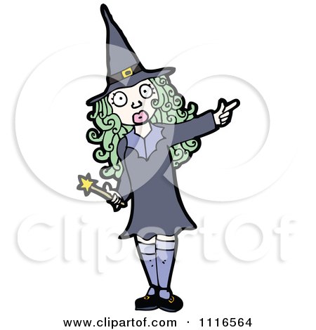 Clipart Green Haired Halloween Witch Pointing - Royalty Free Vector Illustration by lineartestpilot
