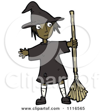 Clipart Black Halloween Witch Girl Holding A Broom - Royalty Free Vector Illustration by lineartestpilot