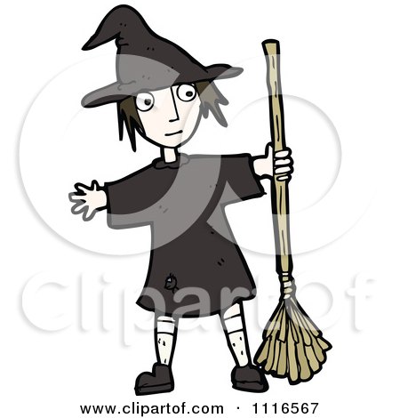 Clipart Halloween Witch Girl Holding A Broom - Royalty Free Vector Illustration by lineartestpilot
