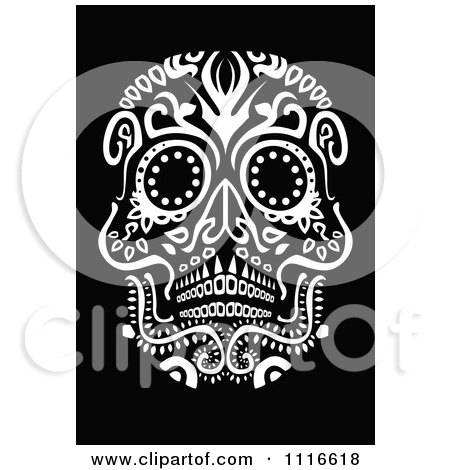Clipart White Ornate Day Of The Dead Human Skull On Black - Royalty Free Vector Illustration by lineartestpilot