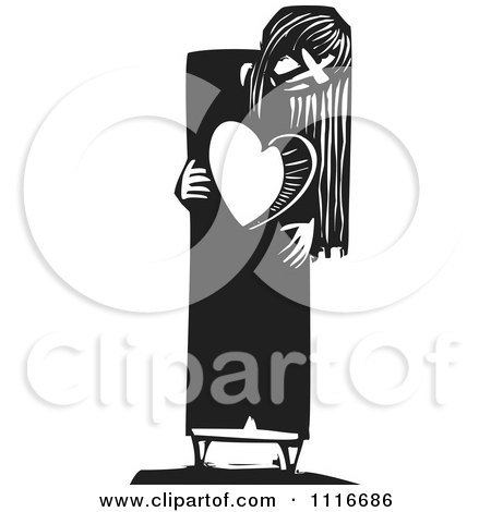 Vector Clipart | Woman With A Heart Shaped Hole Black And White Woodcut | Royalty Free Graphic Illustration by xunantunich