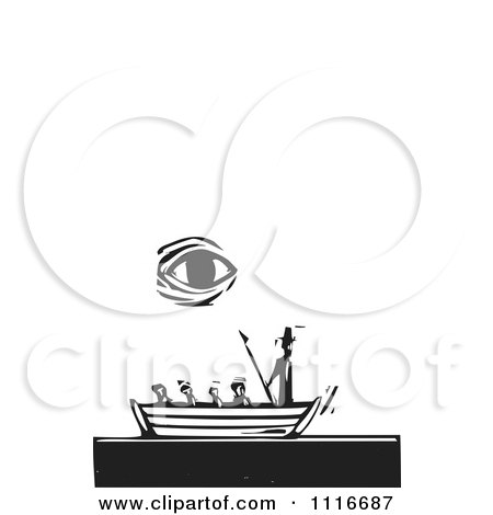 Vector Clipart | The Whales Eye Above Moby Dick In A Boat Black And White Woodcut | Royalty Free Graphic Illustration by xunantunich