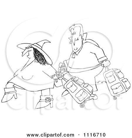 Clipart Of An Outlined Traveling Halloween Witch And Vampire With Luggage - Royalty Free Vector Illustration by djart