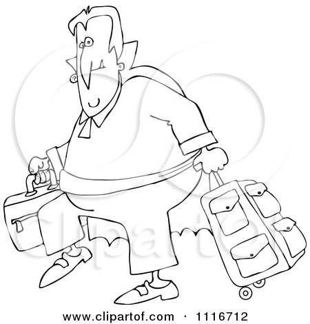 Clipart Of An Outlined Traveling Halloween Vampire With Luggage - Royalty Free Vector Illustration by djart