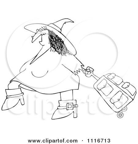 Clipart Of An Outlined Traveling Halloween Witch Pulling Pink Rolling Luggage - Royalty Free Vector Illustration by djart