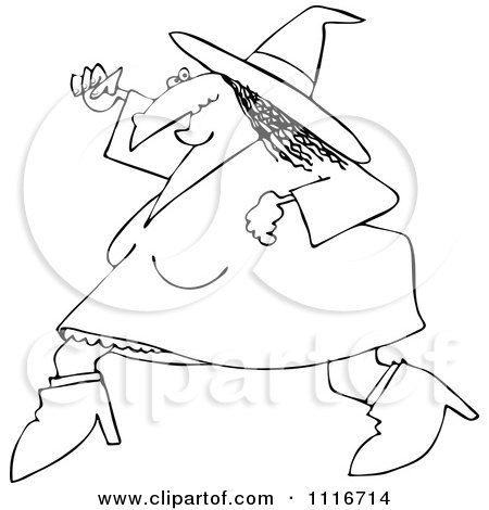 Clipart Of An Outlined Halloween Witch Running - Royalty Free Vector Illustration by djart