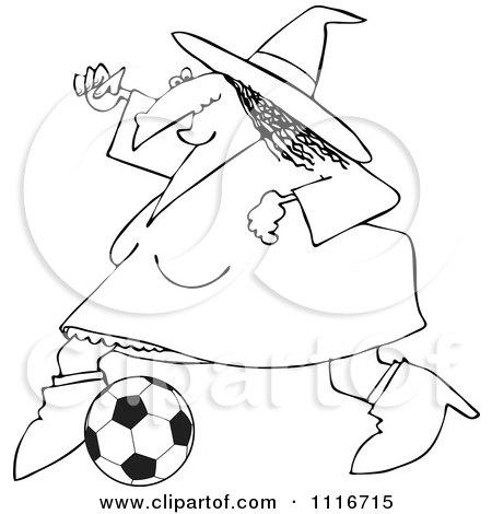 Clipart Of An Outlined Sporty Halloween Witch Playing Soccer - Royalty Free Vector Illustration by djart