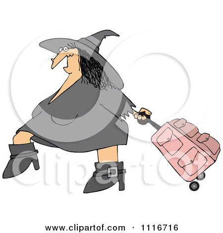 Clipart Of A Traveling Halloween Witch Pulling Pink Rolling Luggage - Royalty Free Vector Illustration by djart