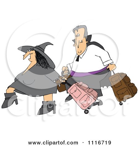 Clipart Of A Traveling Halloween Witch And Vampire With Luggage - Royalty Free Vector Illustration by djart