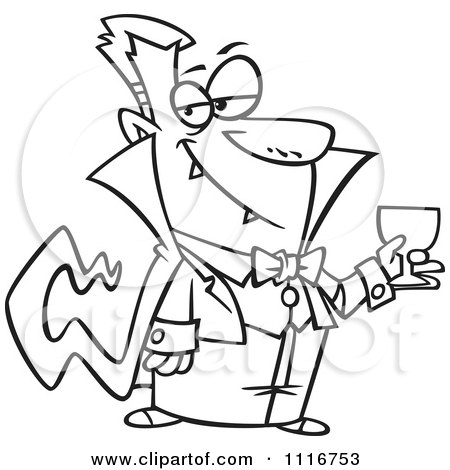 Cartoon Of An Outlined Suave Halloween Dracula Vampire Drinking Blood - Royalty Free Vector Clipart by toonaday