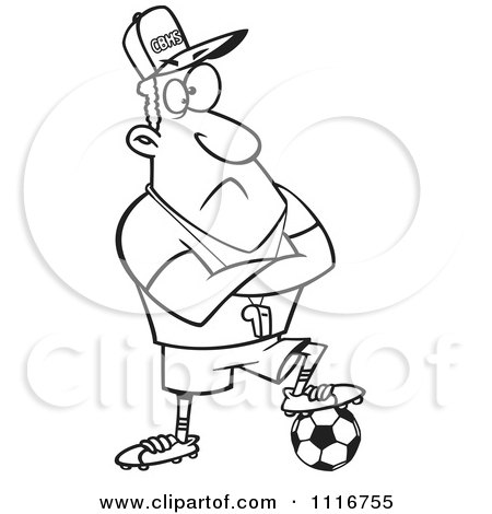 Cartoon Of An Outlined Coach Man Resting A Foot On A Soccer Ball - Royalty Free Vector Clipart by toonaday