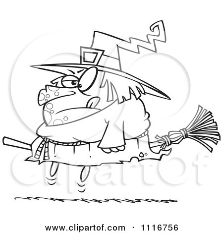Cartoon Of An Outlined Halloween Fat Witch On A Broomstick - Royalty Free Vector Clipart by toonaday