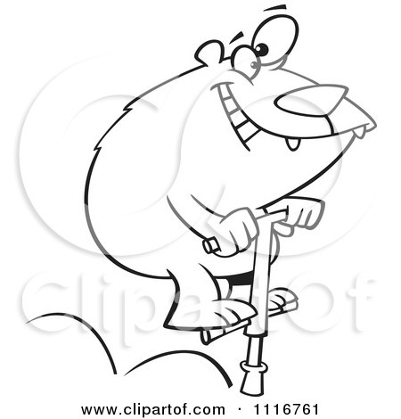 Cartoon Of An Outlined Bear Jumping On A Pogo Stick - Royalty Free Vector Clipart by toonaday