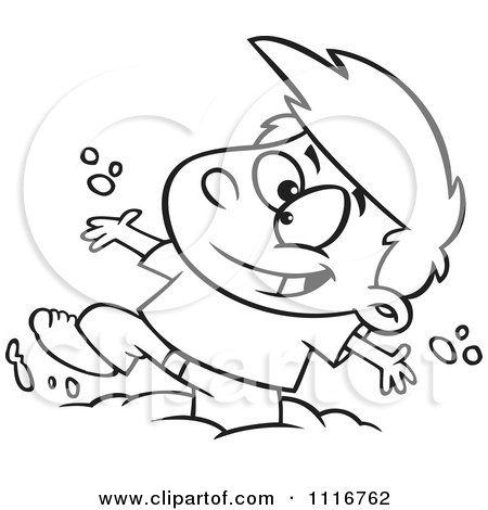 Cartoon Of An Outlined Boy Having Fun Playing In Mud - Royalty Free Vector Clipart by toonaday