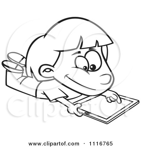 Cartoon Of An Outlined Girl Using An iPad Tablet Computer - Royalty Free Vector Clipart by toonaday
