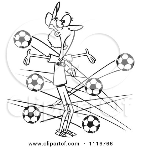 Cartoon Of An Outlined Female Soccer Coach With Balls Flying At Her - Royalty Free Vector Clipart by toonaday
