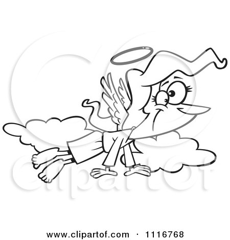 Cartoon Of An Outlined Angel Woman Flying In The Clouds - Royalty Free Vector Clipart by toonaday
