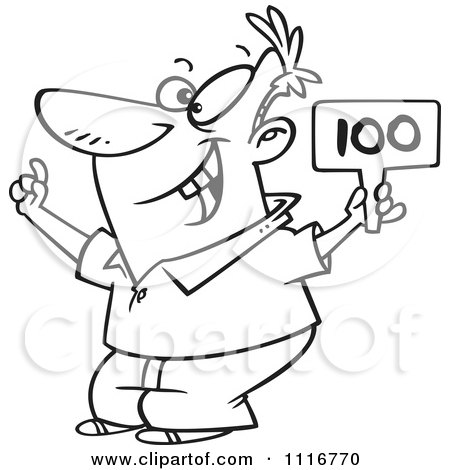 Cartoon Of An Outlined Man Bidding And Holding A Sign - Royalty Free Vector Clipart by toonaday