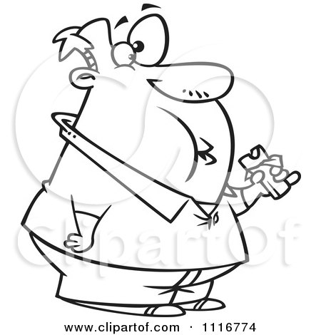 Cartoon Of An Outlined Fat Man Eating A Chocolate Candy Bar - Royalty Free Vector Clipart by toonaday