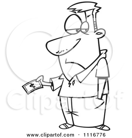 Cartoon Of An Outlined Man Grudgingly Making A Payment - Royalty Free Vector Clipart by toonaday