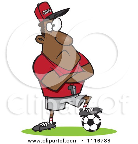 Cartoon Of A Black Coach Man Resting A Foot On A Soccer Ball - Royalty Free Vector Clipart by toonaday