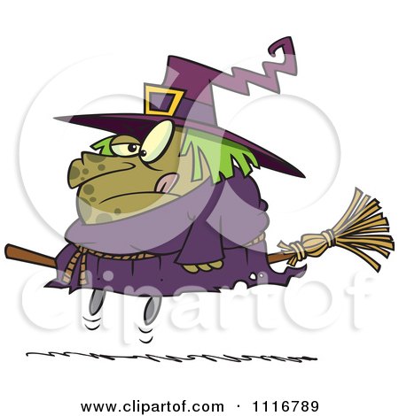 Cartoon Of A Halloween Fat Witch On A Broomstick - Royalty Free Vector Clipart by toonaday