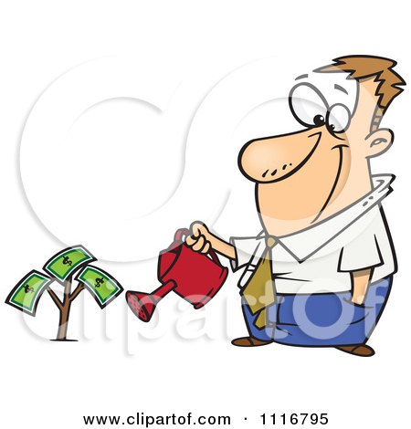 Cartoon Of A Man Watering His Money Plant - Royalty Free Vector Clipart by toonaday