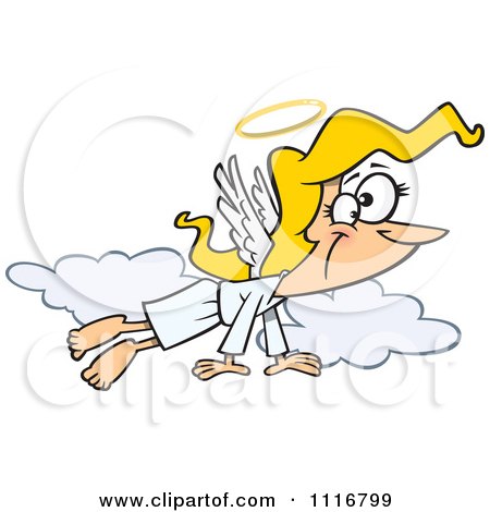 Cartoon Of A Angel Woman Flying In The Clouds - Royalty Free Vector Clipart by toonaday