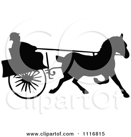Clipart Of Silhouetted Black And White Single Horse Drawn Cart 1 - Royalty Free Vector Illustration by Prawny Vintage