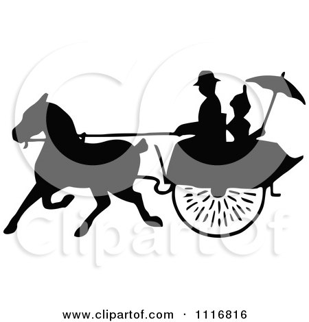 Clipart Of Silhouetted Black And White Single Horse Drawn Cart With A Passenger 1 - Royalty Free Vector Illustration by Prawny Vintage