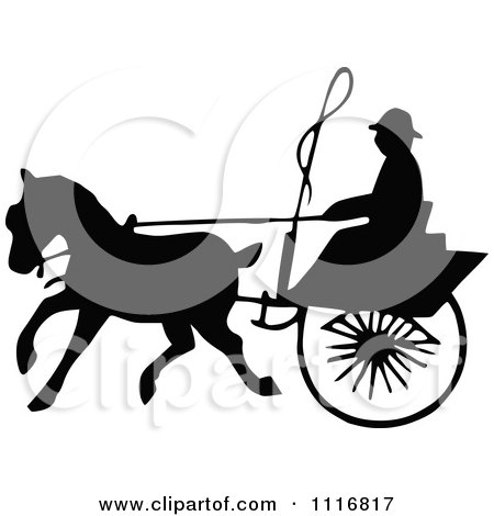 Clipart Of Silhouetted Black And White Single Horse Drawn Cart 4 - Royalty Free Vector Illustration by Prawny Vintage