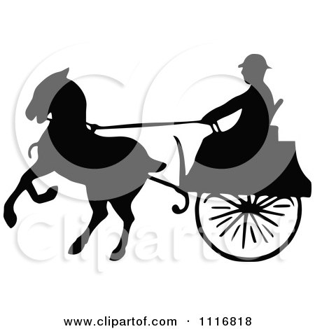 Clipart Of Silhouetted Black And White Single Horse Drawn Cart 2 - Royalty Free Vector Illustration by Prawny Vintage