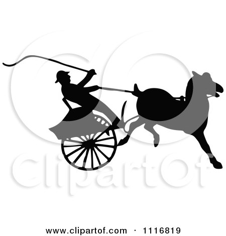 Clipart Of Silhouetted Black And White Single Horse Drawn Cart 3 - Royalty Free Vector Illustration by Prawny Vintage