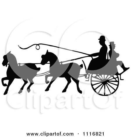 Clipart Of Silhouetted Black And White Single Horse Drawn Cart With A Passenger 2 - Royalty Free Vector Illustration by Prawny Vintage