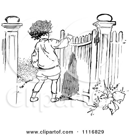 Clipart Of A Retro Vintage Black And White Boy Opening A Gate - Royalty Free Vector Illustration by Prawny Vintage
