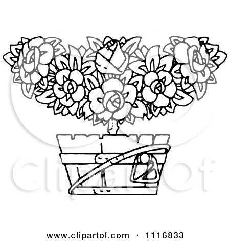 Clipart Of A Retro Vintage Black And White Flowering Shrub In A Pot 3 - Royalty Free Vector Illustration by Prawny Vintage