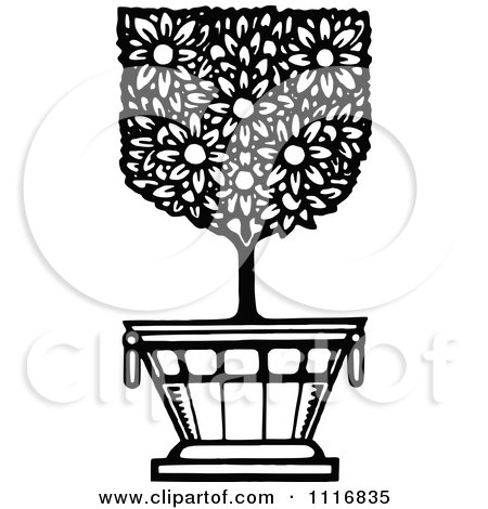Clipart Of A Retro Vintage Black And White Flowering Shrub In A Pot 1 - Royalty Free Vector Illustration by Prawny Vintage