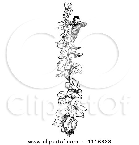 Clipart Of A Retro Vintage Black And White Boy Climbing A Beanstalk - Royalty Free Vector Illustration by Prawny Vintage