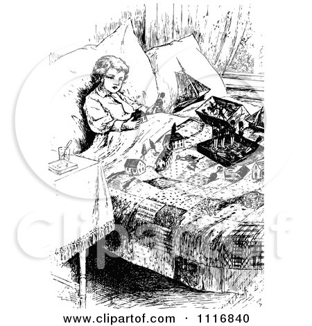 Clipart Of A Retro Vintage Black And White Boy Playing With Toys In Bed - Royalty Free Vector Illustration by Prawny Vintage