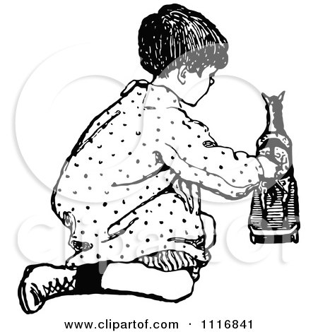 Clipart Of A Retro Vintage Black And White Boy Playing With A Horse Toy - Royalty Free Vector Illustration by Prawny Vintage