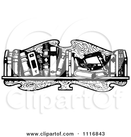 Clipart Of A Retro Vintage Black And White Messy Book Shelf - Royalty Free Vector Illustration by Prawny Vintage