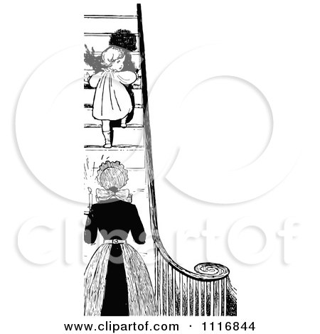 Clipart Of A Retro Vintage Black And White Mother Sending Her Daughter Up Stairs At Bed Time - Royalty Free Vector Illustration by Prawny Vintage