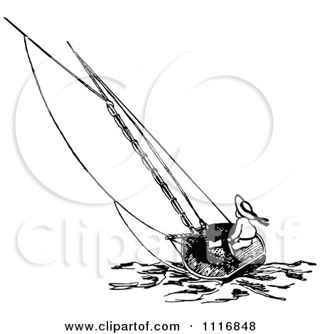 Clipart Of A Retro Vintage Black And White Boy Sailing A Boat - Royalty Free Vector Illustration by Prawny Vintage